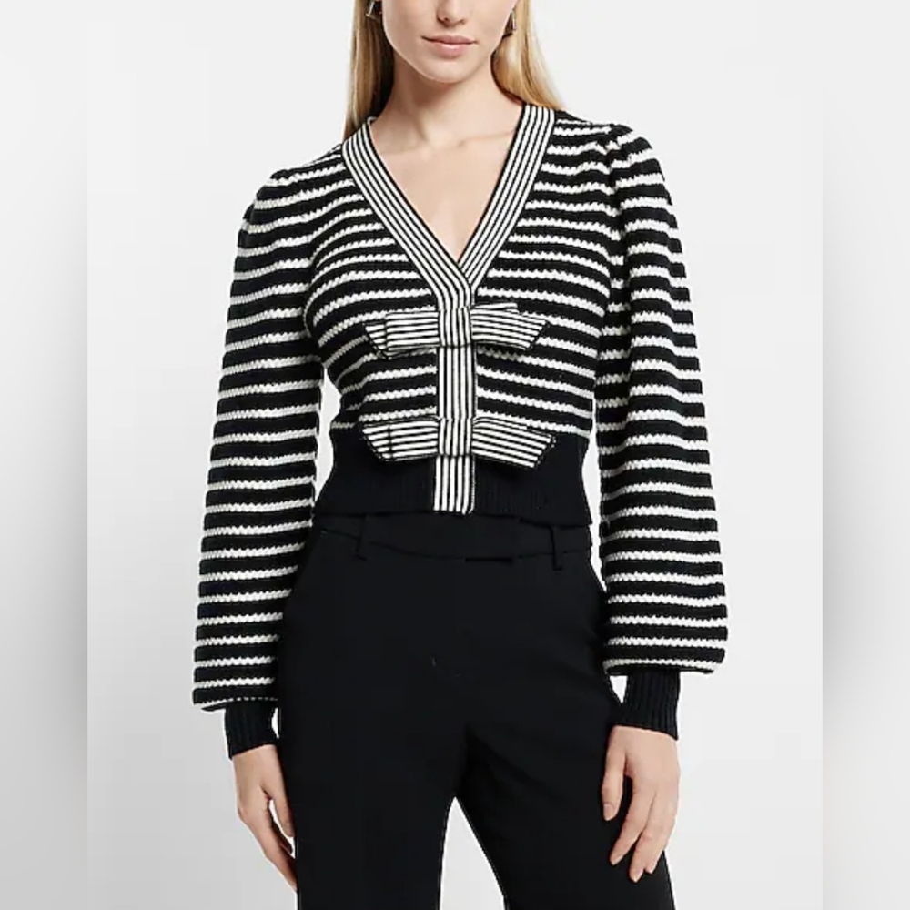 Express Striped V-Neck Bow Black & White Cardigan Size XS Coquette Dark Academia